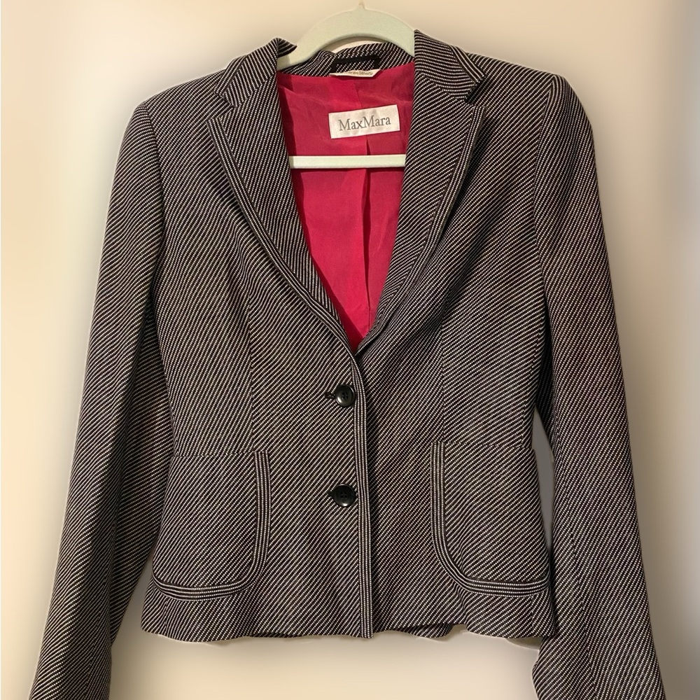 Max Mara Women’s Black White Textured Blazer Pink Lined Tailored Jacket Wool (6)